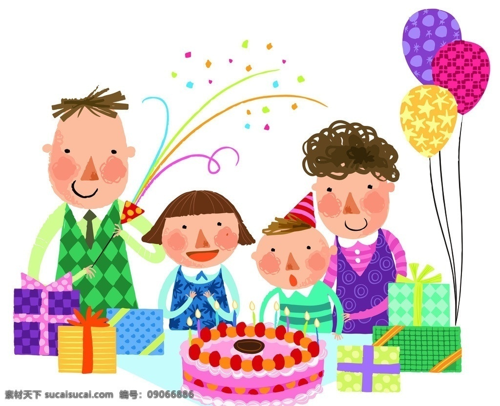 儿童 手绘 画 生日 卡通 可爱 蛋糕 气球 家人 礼物 彩带 儿童幼儿 人物图库