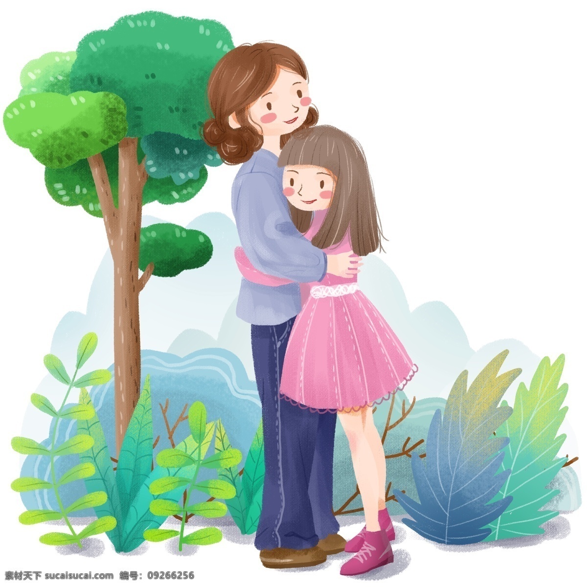 手绘 卡通 可爱 母女 亲情 拥抱 女孩 森林 绿植 植物 绿色 温馨 家庭