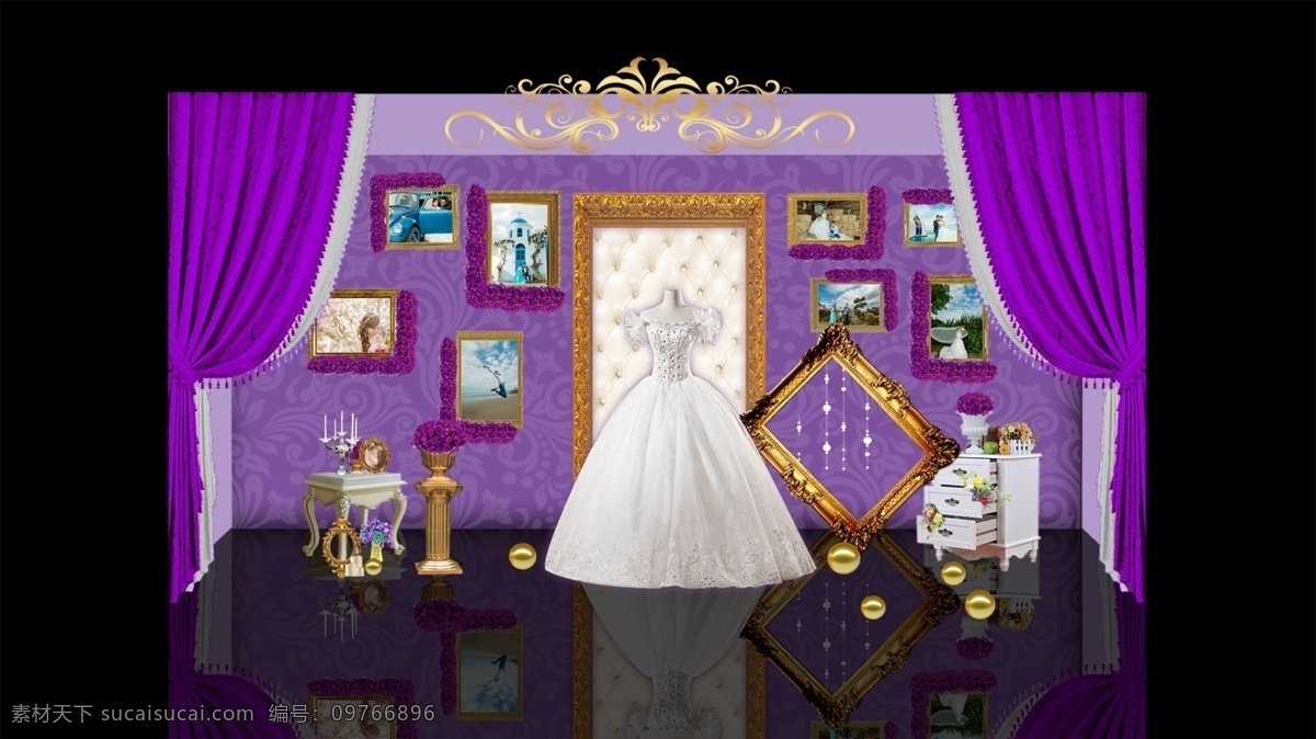 紫色 欧式 花纹 相框 婚礼 展示 签到 效果图 婚纱 花艺 桌子 凳子 布幔 欧式花纹 婚礼效果图