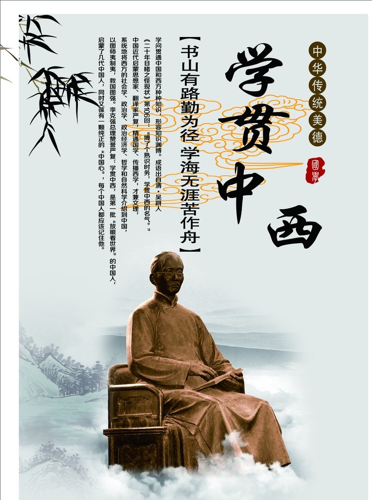 中国 传统文化 学贯中西 美德 竹 云 山 铜人 psd源文件 分层