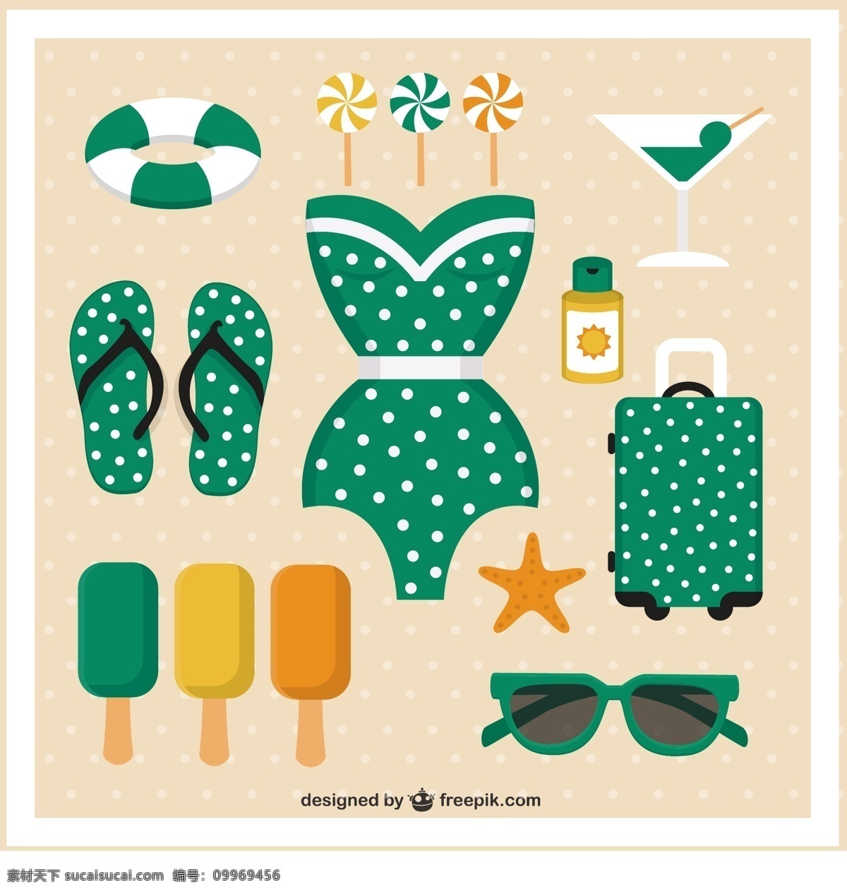 可爱 夏季 图标 收藏 夏天 海滩 可爱的鸡尾酒 点 冷冻 太阳镜 夏天的海滩 可爱的圆点 泳衣 收集 凉鞋 波尔卡 白色