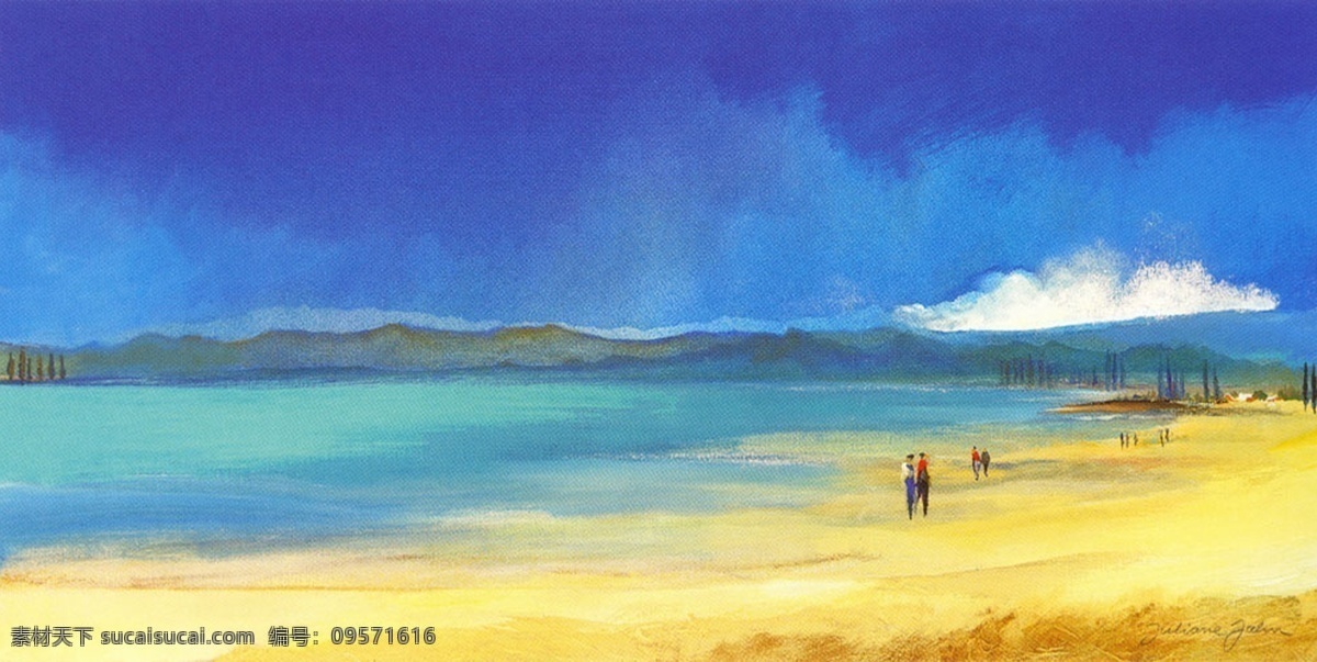 风景油画 蓝色沙滩 海边 油画背景 风景画 蓝天 金色沙滩 海报背景 淘宝主图背景 展板背景 蓝色