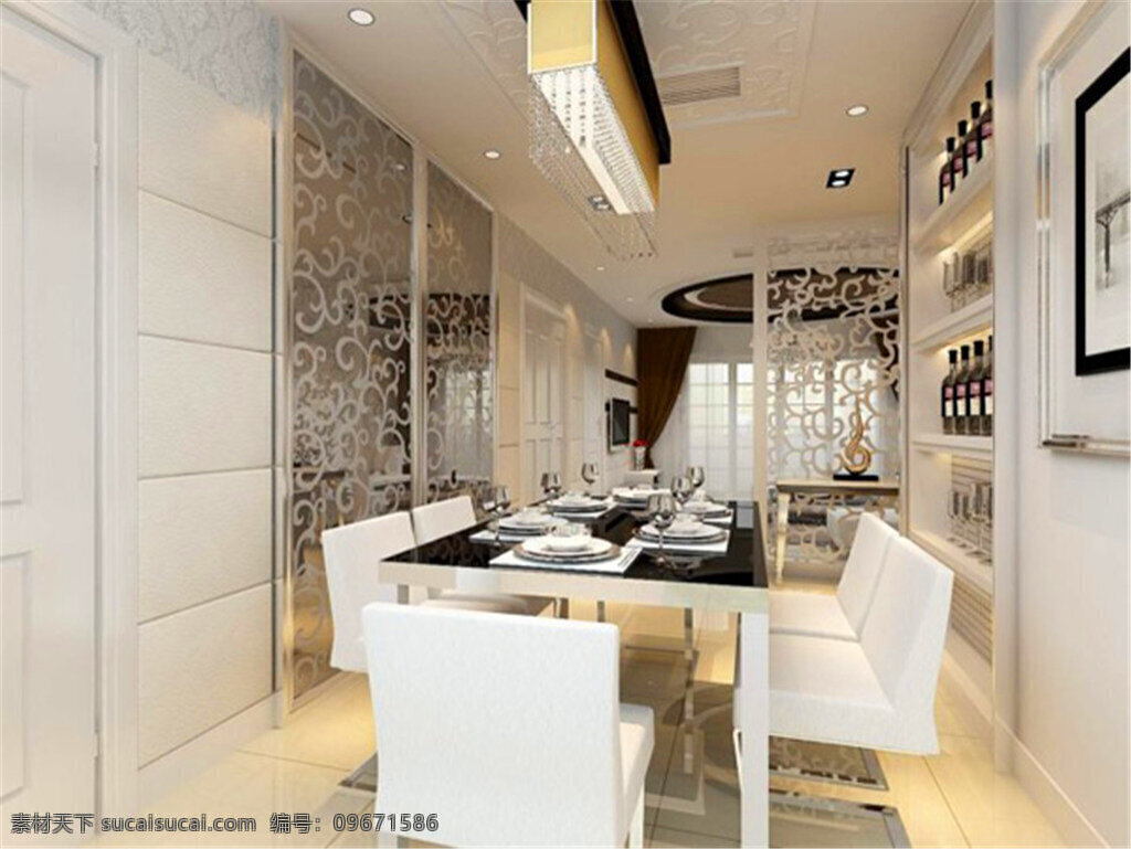 现代 时尚 餐厅 模型 餐椅 餐桌 吊顶 灰色
