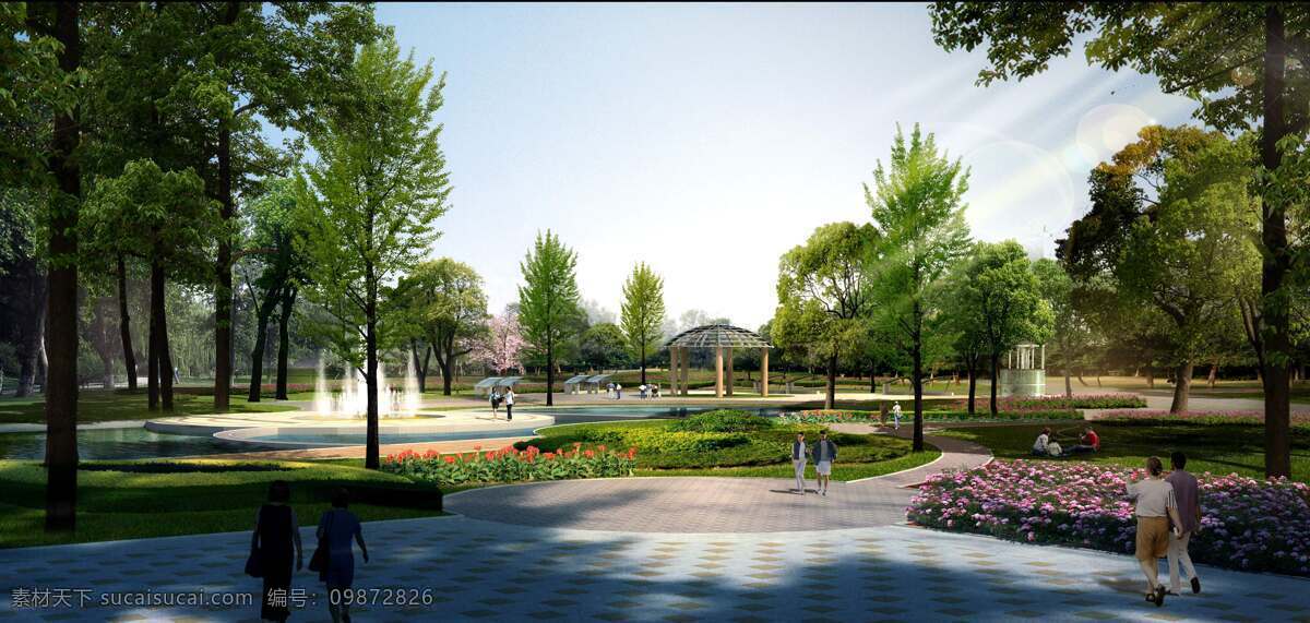 城市公园 公园广场 开敞空间 植物群落 植物组合 游人 亭子 喷泉 城市规划效果 景观设计 环境设计