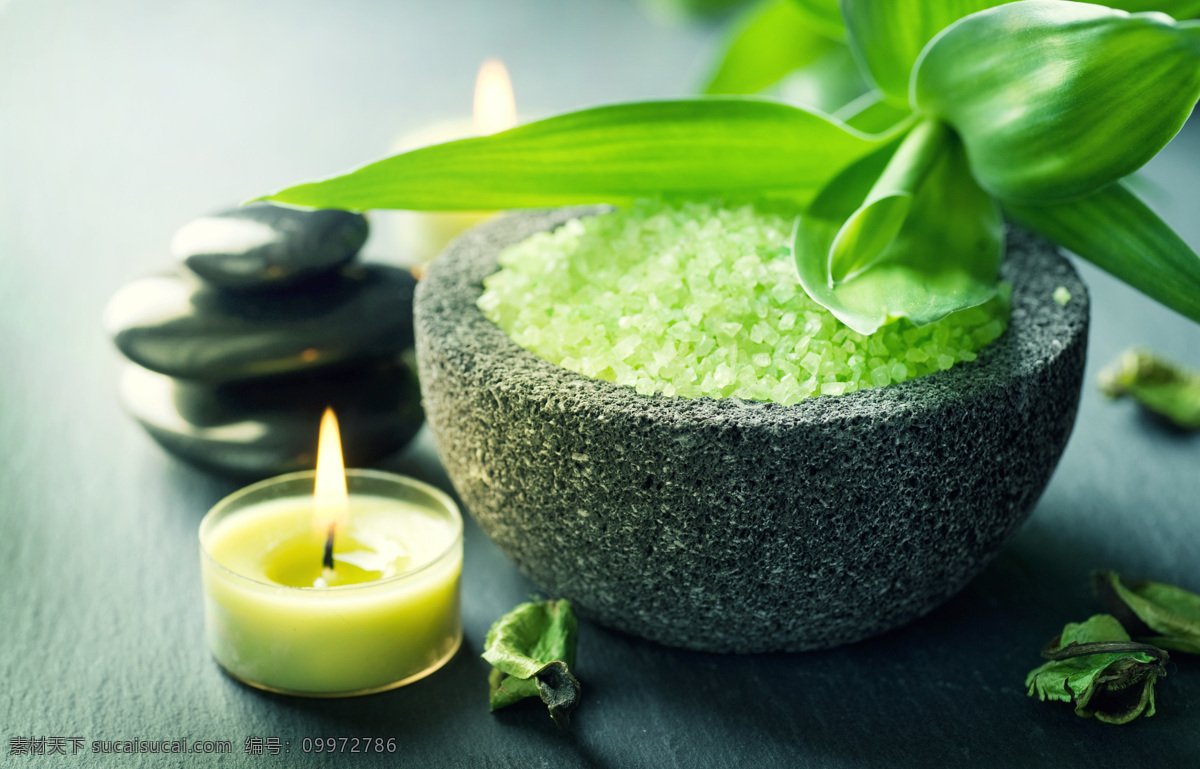 绿色 叶子 蜡烛 石头 spa 身体理疗 水疗 美体 美肤 美容 生活用品 生活百科