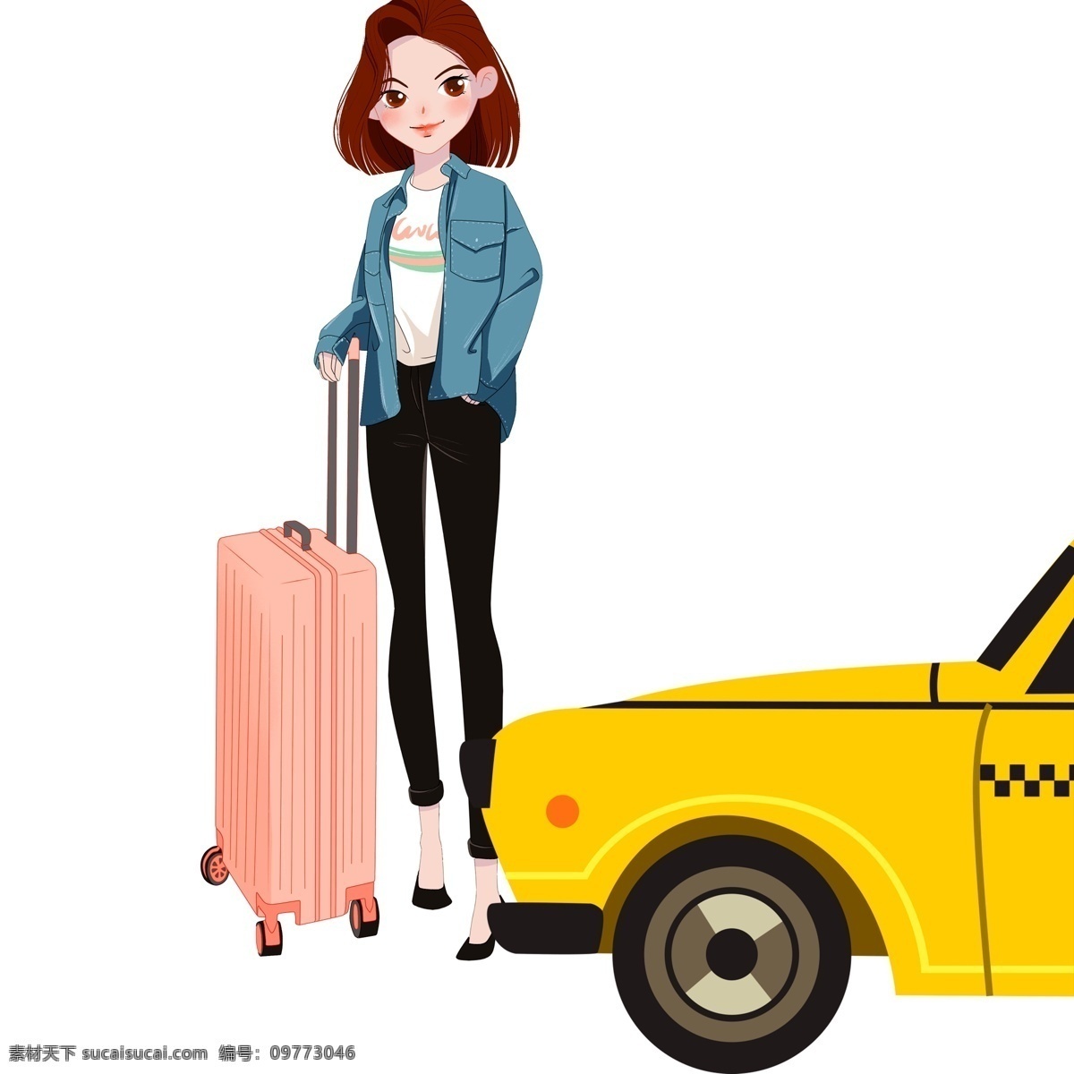 拦 出租车 出门 女孩 卡通 小清新 插画 女生 行李箱 打的士 出行 psd设计