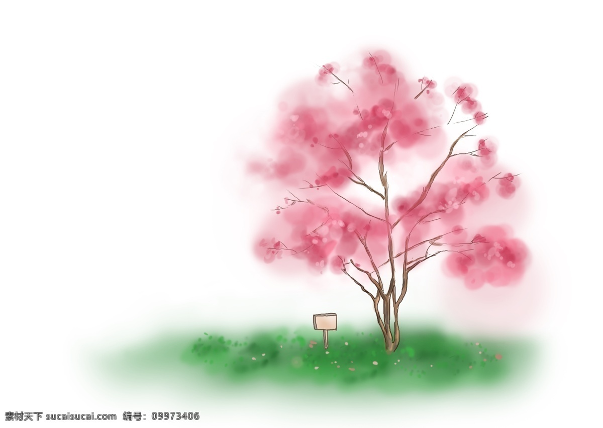 手绘 粉色 桃花 树 草地 春天 种植 绿色 风景 线条 淡彩 季节 郊外 旅游 花卉