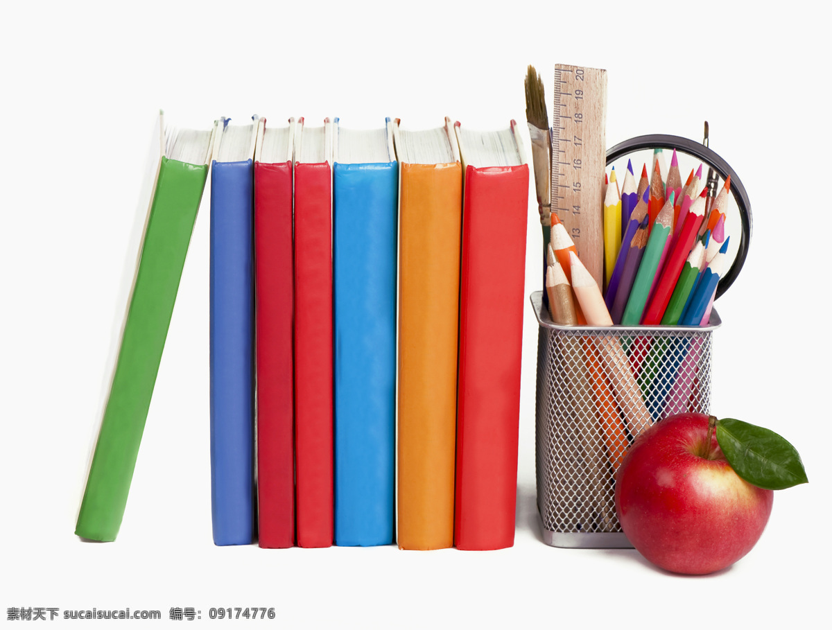 书本 笔筒 书本和笔筒 苹果 学习用具 尺子 笔 学习教育 书本图片 生活百科
