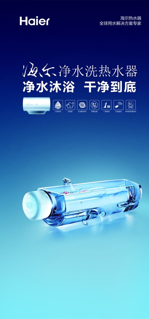海尔净水 haier 净水器 广告 竖版 海报 净水器包装箱 水浪 蓝底 ai分层素材