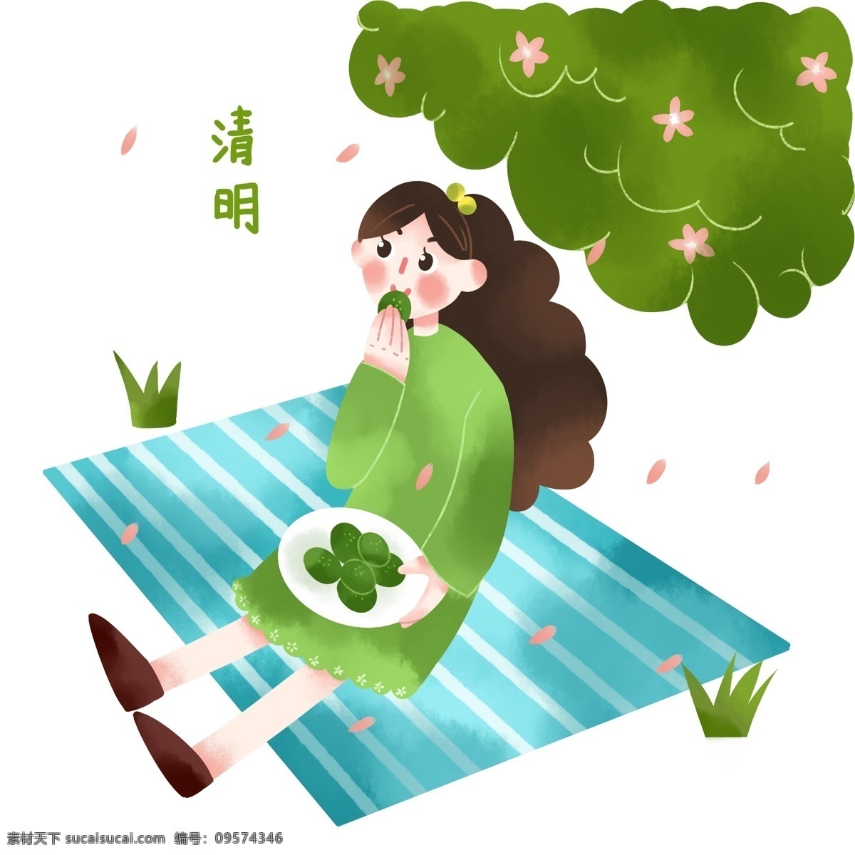清明节 吃 东西 女孩 插画 吃东西的女孩 漂亮的女孩 绿色的大树 蓝色的地毯 卡通插画 清明节插画