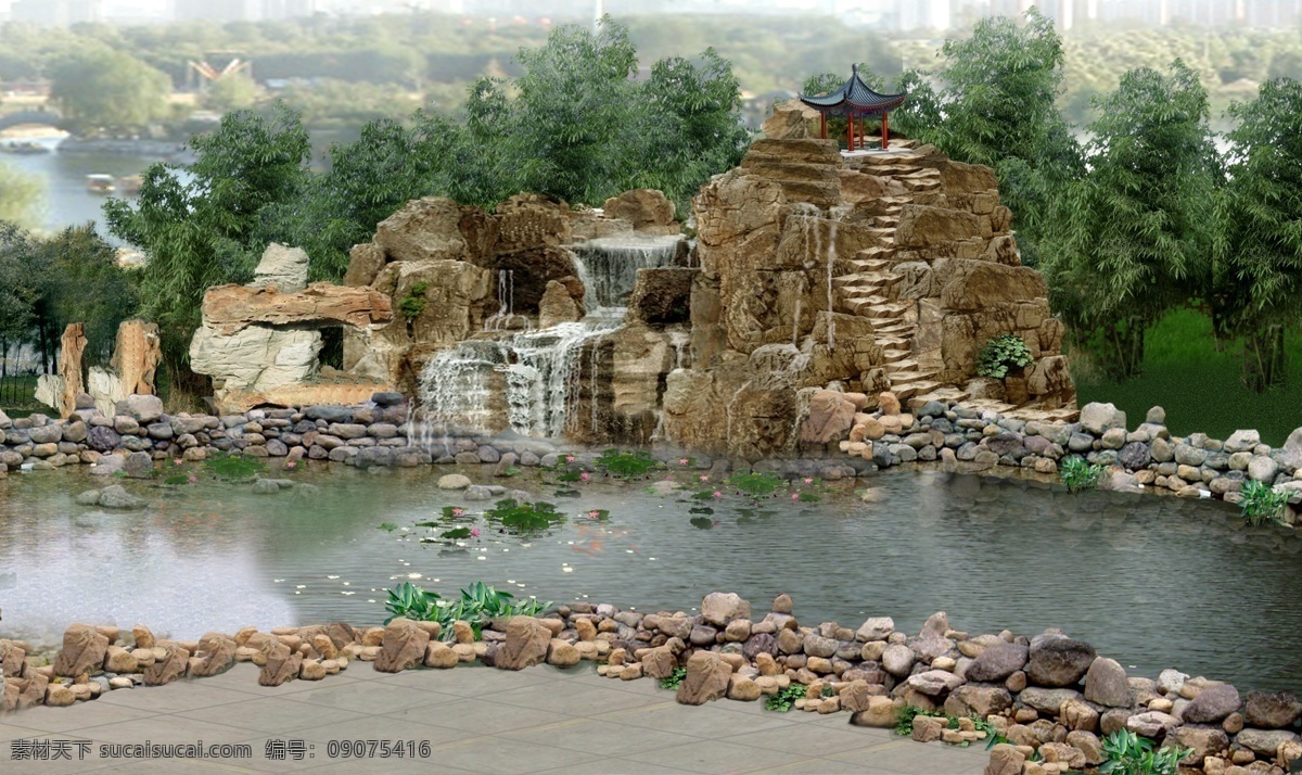 假山 瀑布 景观设计 溪流 喷泉 亭子 石头 草地 树木 公园 环境设计
