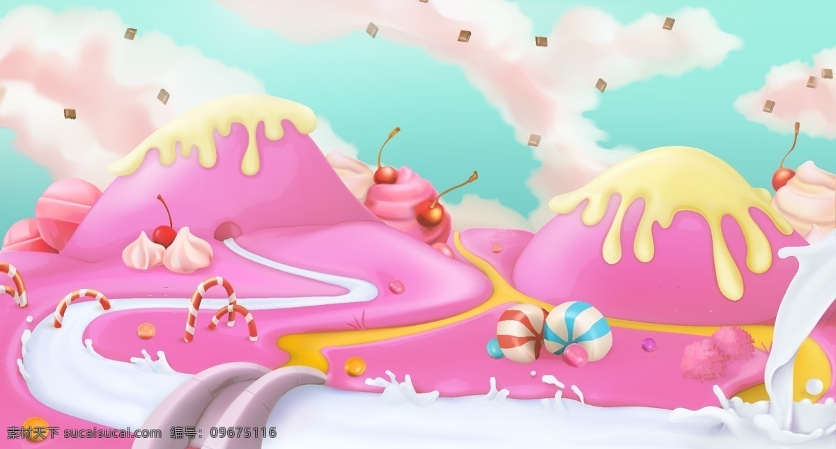 粉红色 甜美 卡通 风景 矢量 甜美背景 景观 牛奶 蛋糕 场景 美味 可爱 梦幻 生日 食品 糖果 卡通游戏 概念 棒棒糖 环境 甜点 插图 文化艺术 节日庆祝