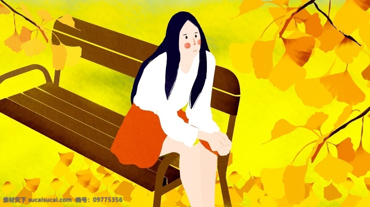 原创 秋天 长椅 银杏 树下 女孩 治愈 插画 立秋