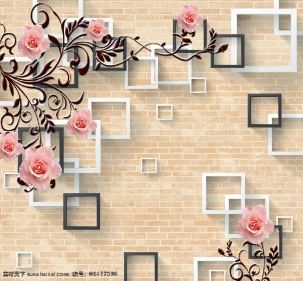 3d方框玫瑰 3d 方框 玫瑰 花藤 砖墙 3d设计 3d作品