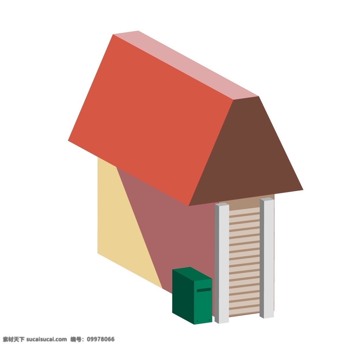 美丽 建筑 房子 插画 红色的房顶 卡通插画 建筑插画 房子插画 围墙 房顶 屋顶 绿色的垃圾桶