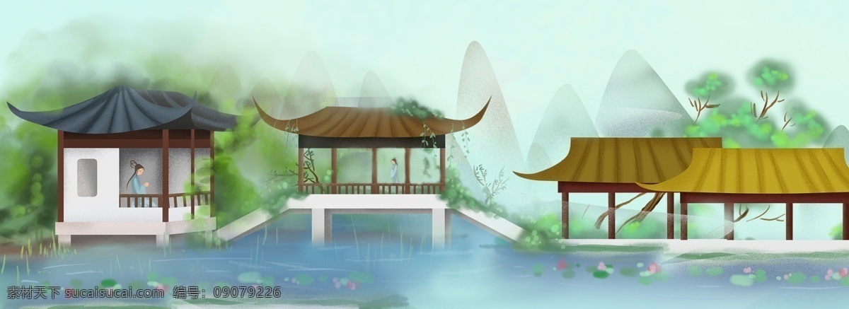 古风 手绘 卡通 春景 湖边 郊游 海报 湖水 房子 中国风 幸福