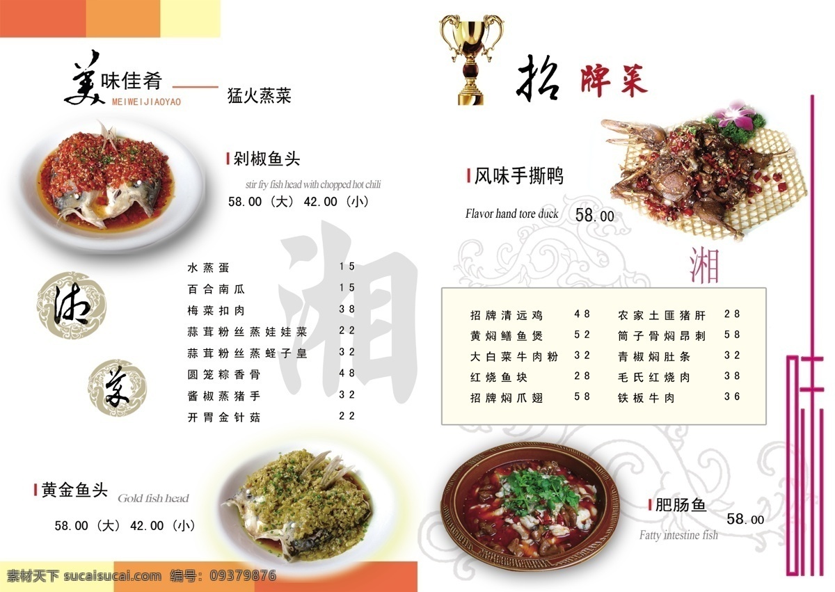 菜单 湘菜 特色 招牌菜 手撕鸭 剁椒鱼头 肥肠鱼 菜单菜谱 广告设计模板 源文件