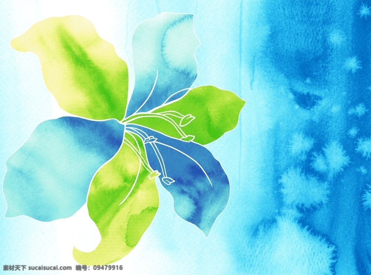 手绘 抽象 树叶 绿蓝 色调 模版下载 水彩 花纹 分层 广告
