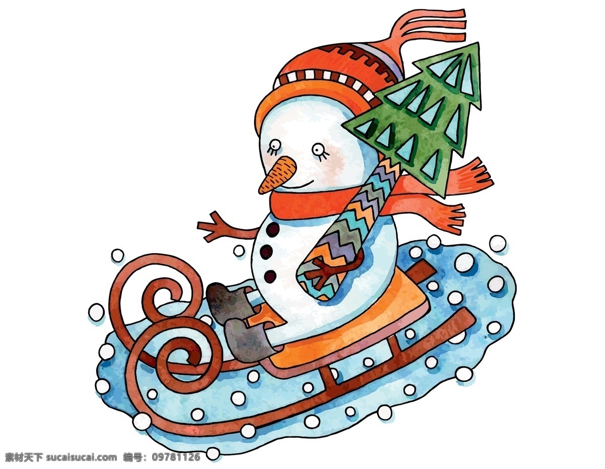 手绘 卡通 雪人 圣诞树 元素 冬季 圣诞装饰 ai元素 免扣元素