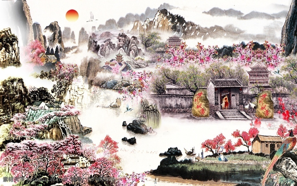 国画 中国画 山水画 水墨画 中国风 小船 山峦 山水国画 分层