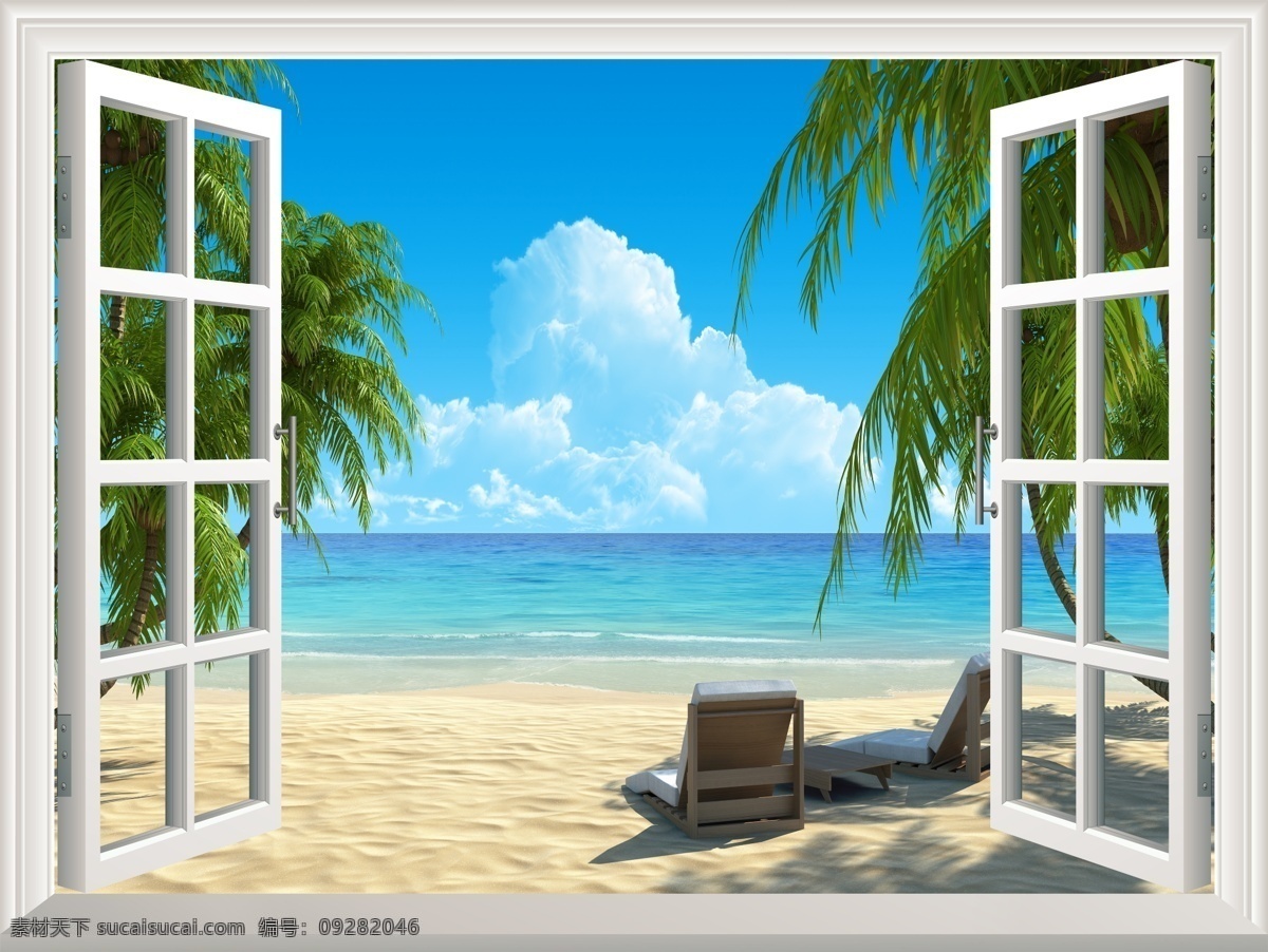 3d 窗户 大海 沙滩 椰树 蓝天 白云 躺椅 阳光 海景 风景 背景墙 psd分层 白色