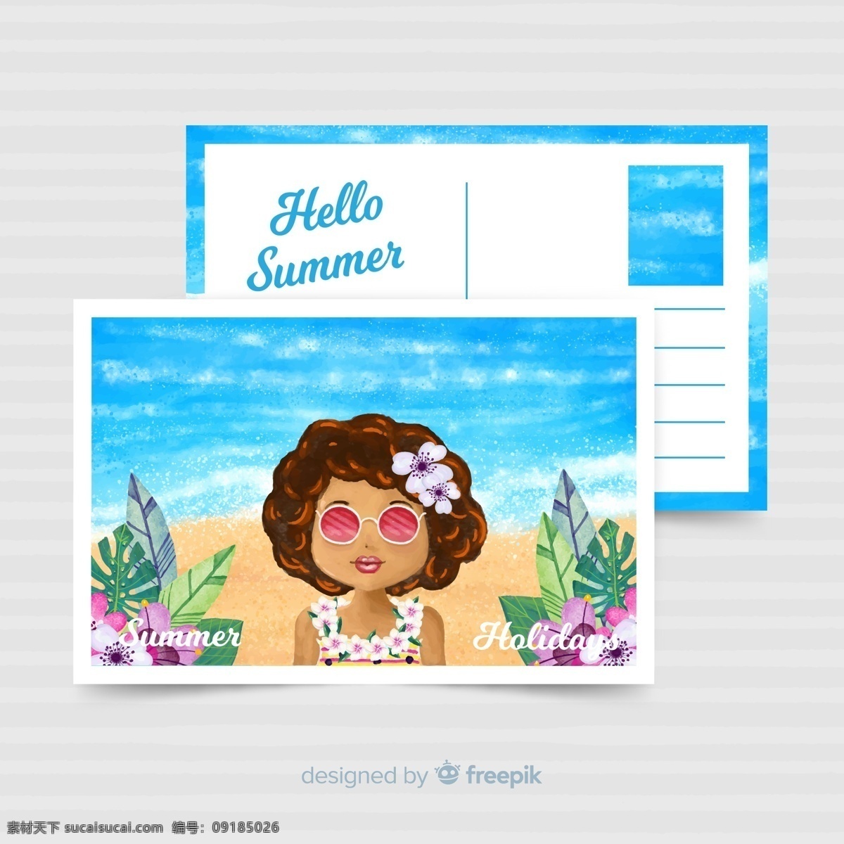 创意 海边 度假 女子 明信片 花卉 树叶 广告海报设计 名片卡片