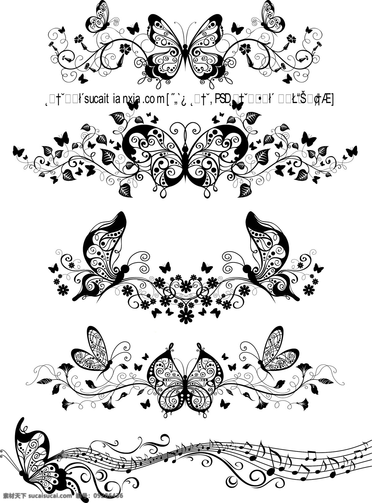 黑白 蝴蝶 藤蔓 花纹 矢量