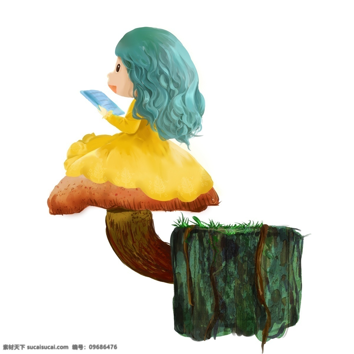 手绘 卡通 女孩 坐在 蘑菇 上原 创 元素 石头 黄色 绘画 原创元素 设计元素