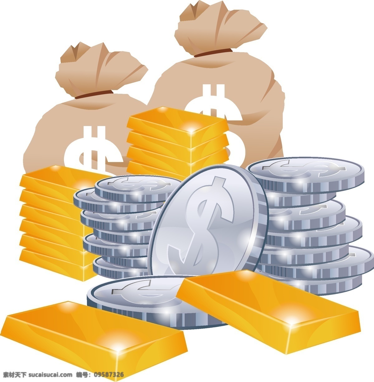 手绘 金钱 银币 元素 金条 钱袋 矢量 商业 交易
