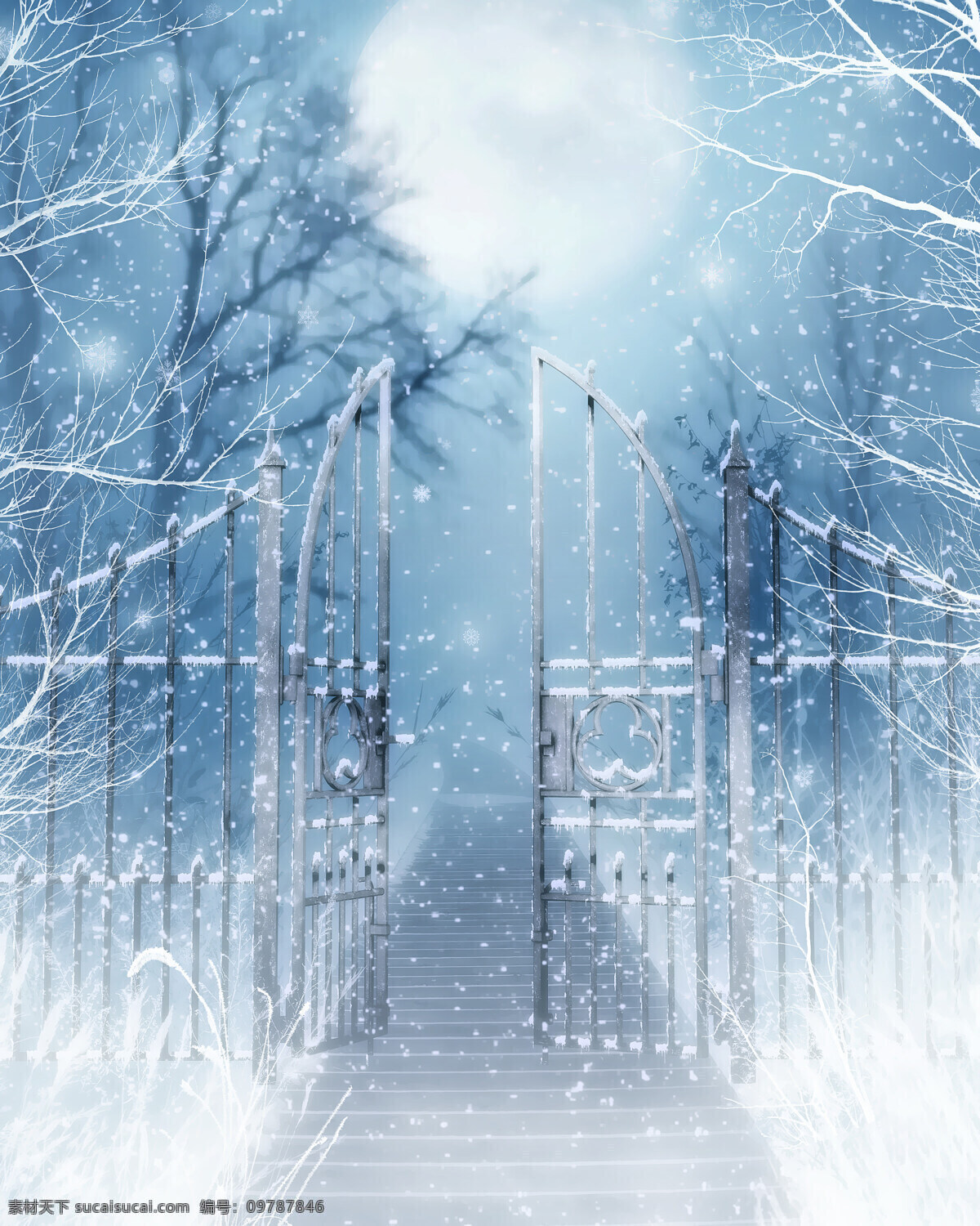 唯美 雪天 夜景 台阶 铁门 柔和的月光 背景图片