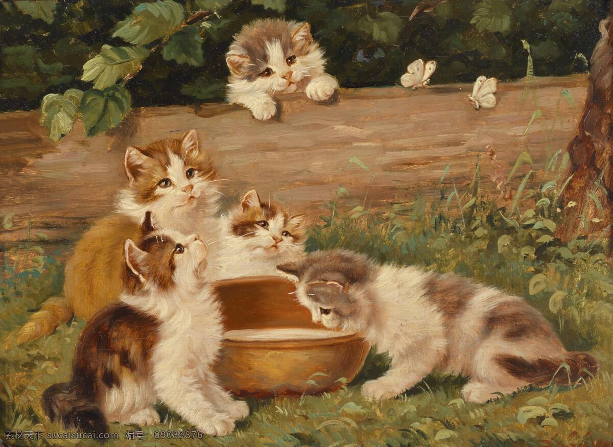 五 只 小花 猫 绘画书法 枯木 文化艺术 小猫咪 油画 五只小花猫 吃牛奶 两只小蝴蝶 19世纪油画 装饰素材