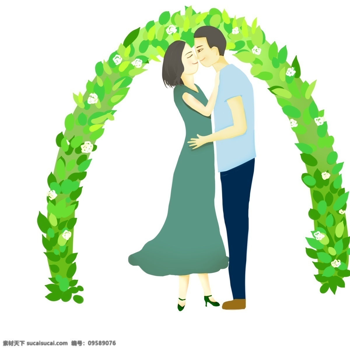 绿色 情人节 情侣 亲吻 手绘 插图 绿色情人节 爱情 白玫瑰 绿色花环 接吻情侣 拥抱情侣 绿色植物 下