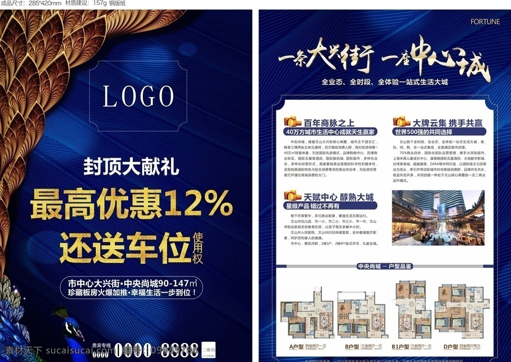 房地产 房地产dm单 房地产宣传单 房地产广告 房地产单页 dm宣传单 dm 封顶大献礼 封顶 中心 市中心 户型 户型图 蓝色 孔雀 优惠 宣传单 地产 画册设计