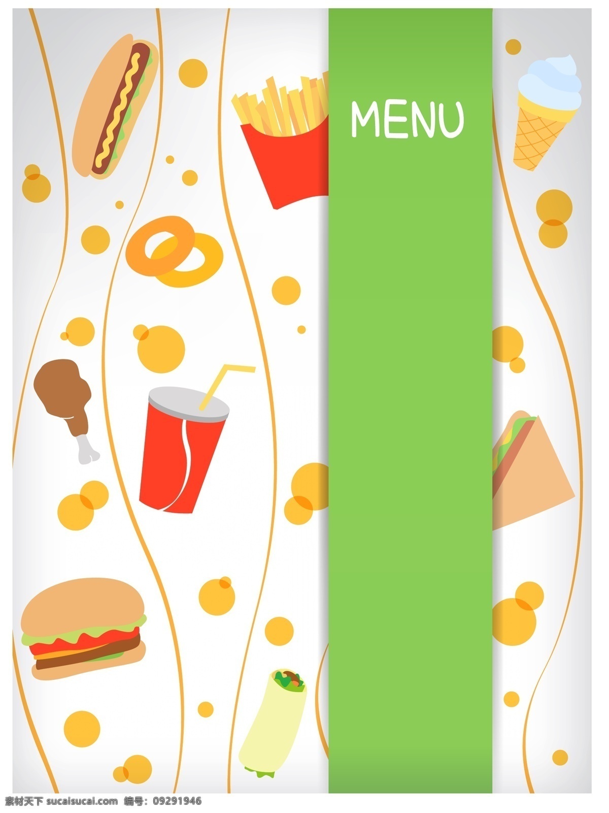 西式 快餐店 菜单 封面 冰欺凌 汉堡包 鸡腿 可乐 三明治 薯条 甜甜圈 快餐 矢量图