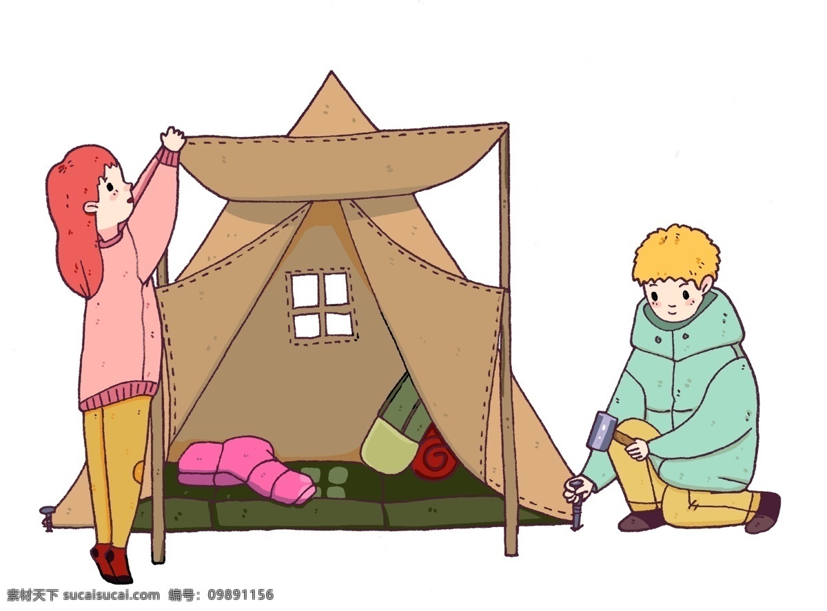 冬季 旅行 黄色 帐篷 冬季旅行 黄色的帐篷 红色的头发 野外 郊游 旅游 架子 劳动 搭帐篷 帐篷插画
