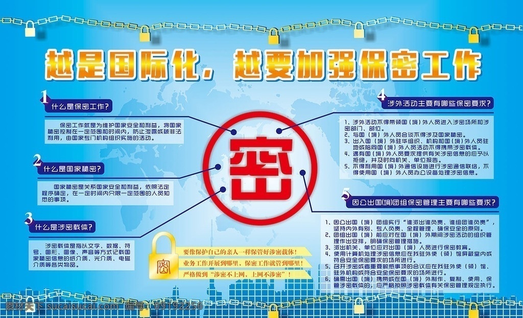 保密要求 涉密载体 保密管理 企业保密展板 蓝色系 横版 海报 世界地图 马赛克城市 锁链 锁 简约风格 矢量素材 展板模板 分层可编辑 展板海报类