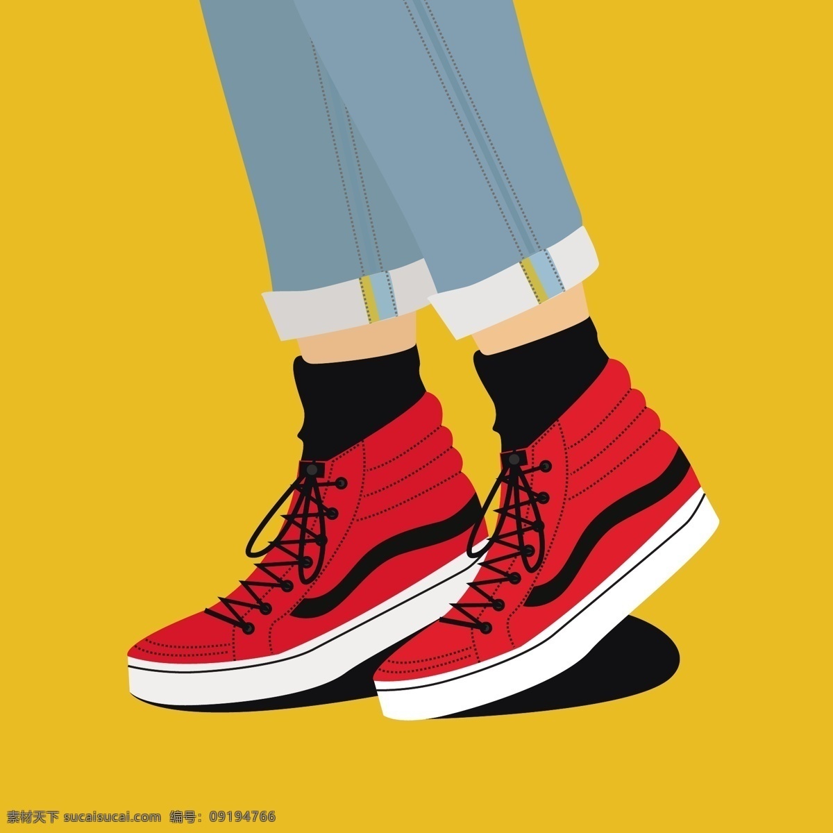 红色鞋子 黄色背景 裤子 牛仔裤 矢量素材 鞋子 靴子