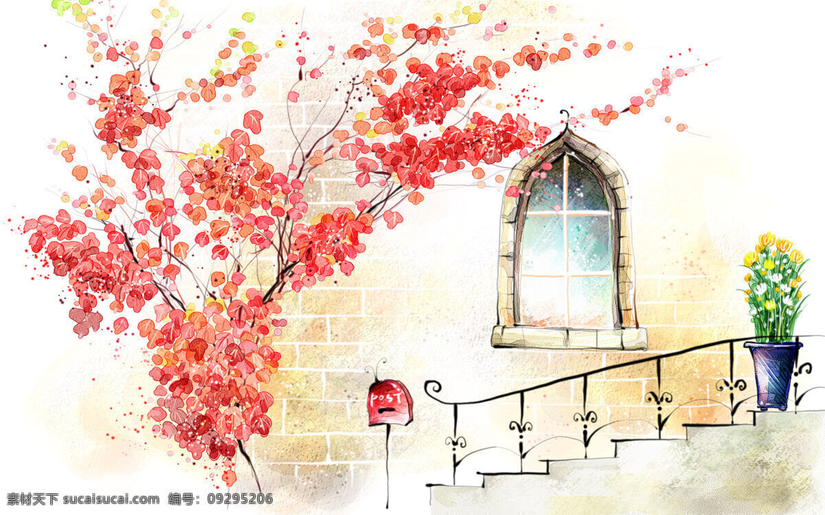 梦幻 小屋 枫叶 卡通 油画 动漫 可爱