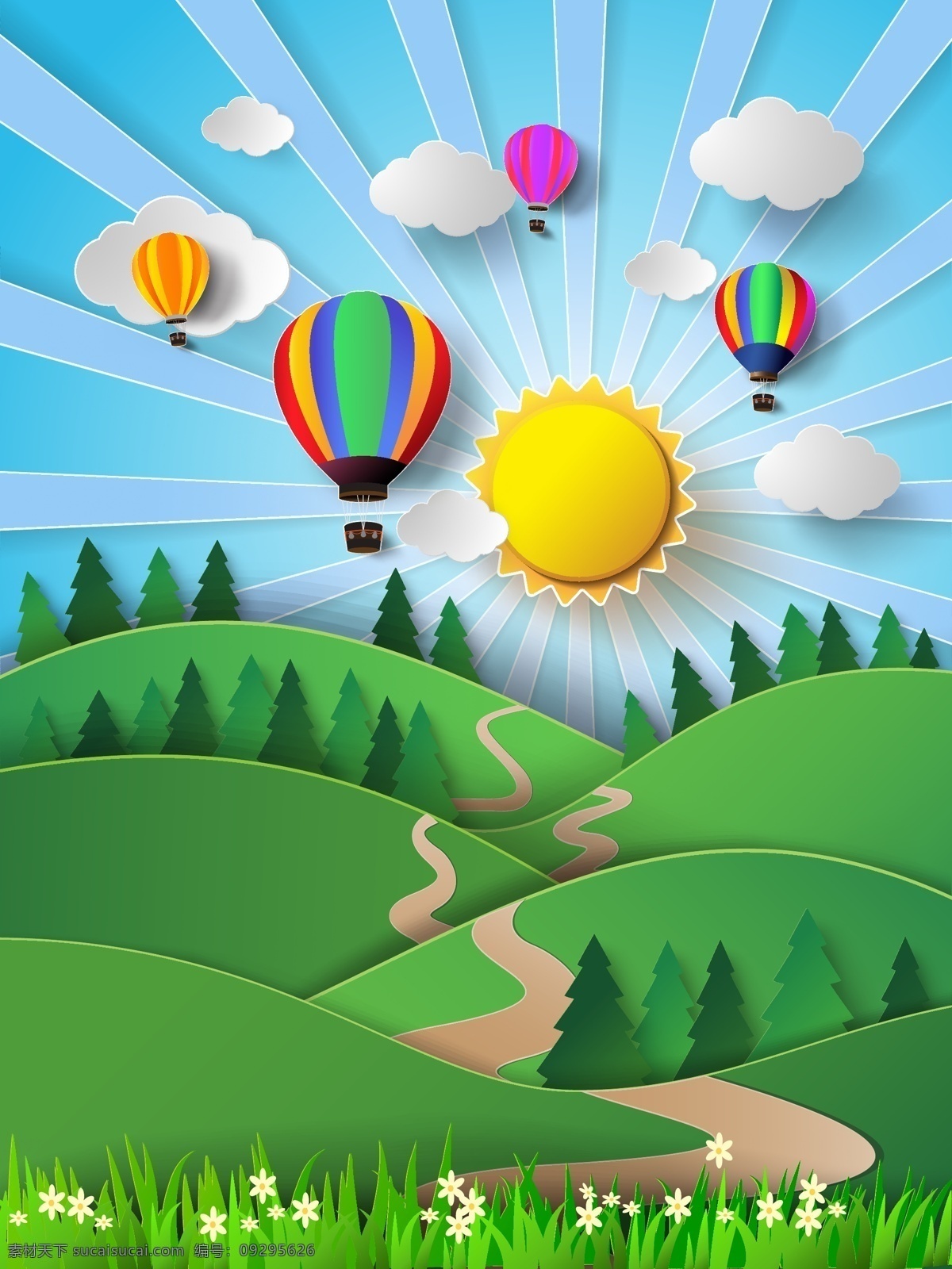白云 插画 风景 热气球 山坡 太阳 自然 立体 大自然