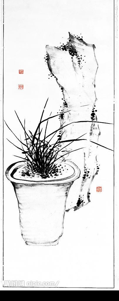 水墨兰花盆景 水墨 兰花 盆景 山石 文化艺术 绘画书法 设计图库