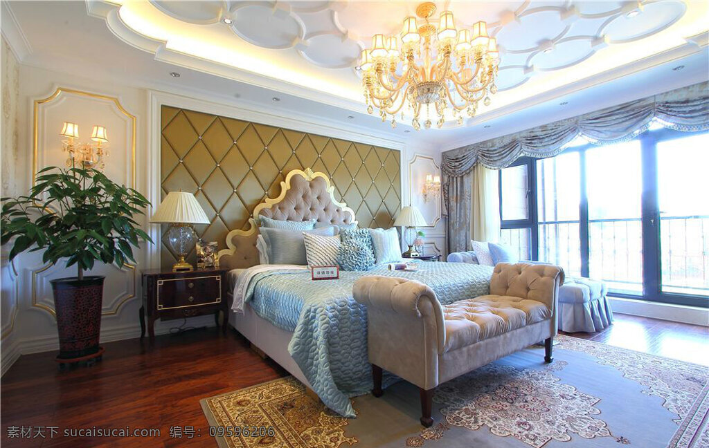 大 户型 清新 卧室 蓝色 床 品 室内装修 效果图 卧室装修 蓝色床品 木地板 花纹地毯