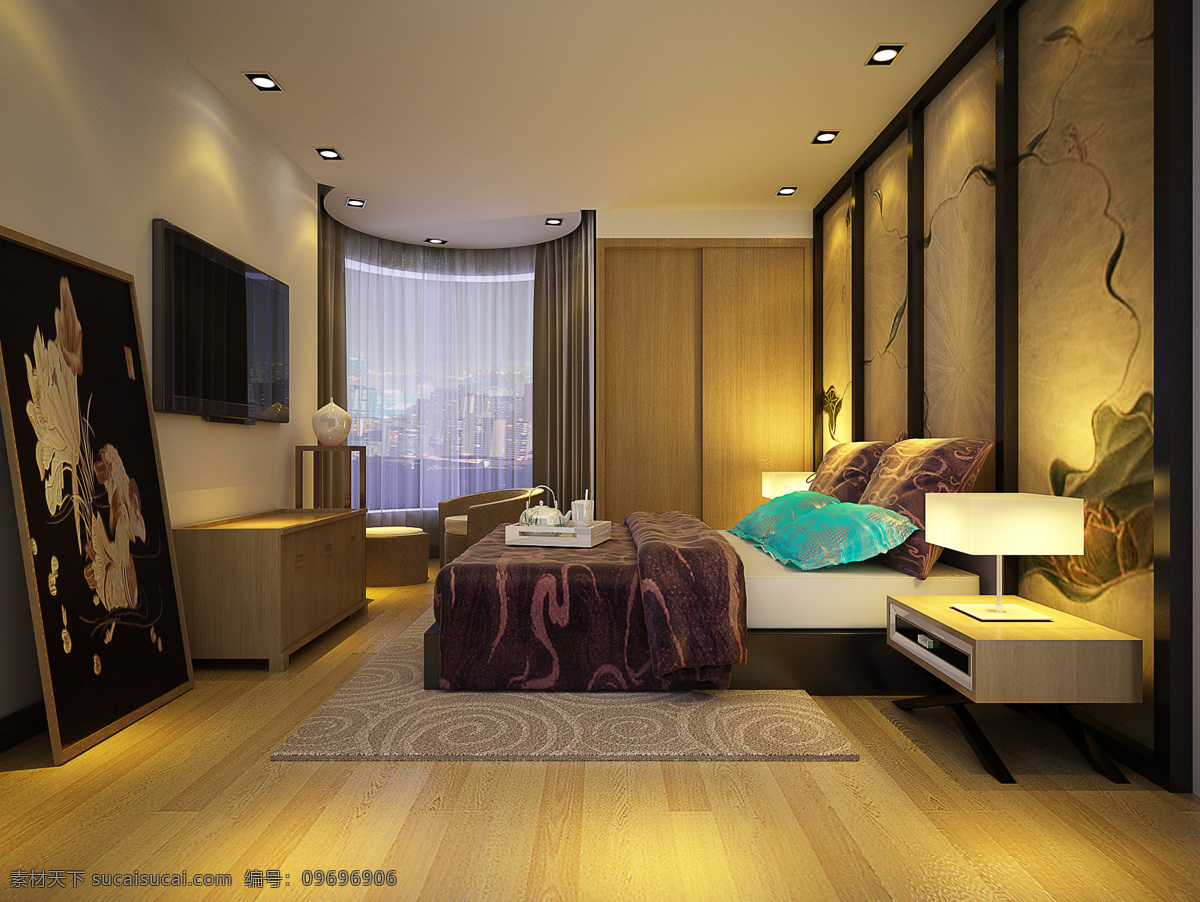 床 电视 环境设计 日式 沙发 室内设计 卧室效果图 现代 风格 卧室 设计素材 模板下载