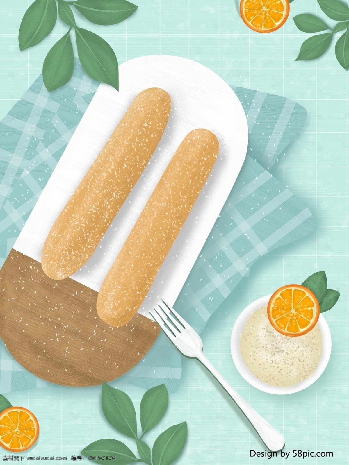原创 手绘 清新 早餐 面包 插画 背景图 广告 面食 蛋卷 营养 食物 食材 psd设计 psd分层 背景 你好早安 朋友圈配图 微信配图 柠檬片 奶油 桌布 树叶 叉子 手绘卡通