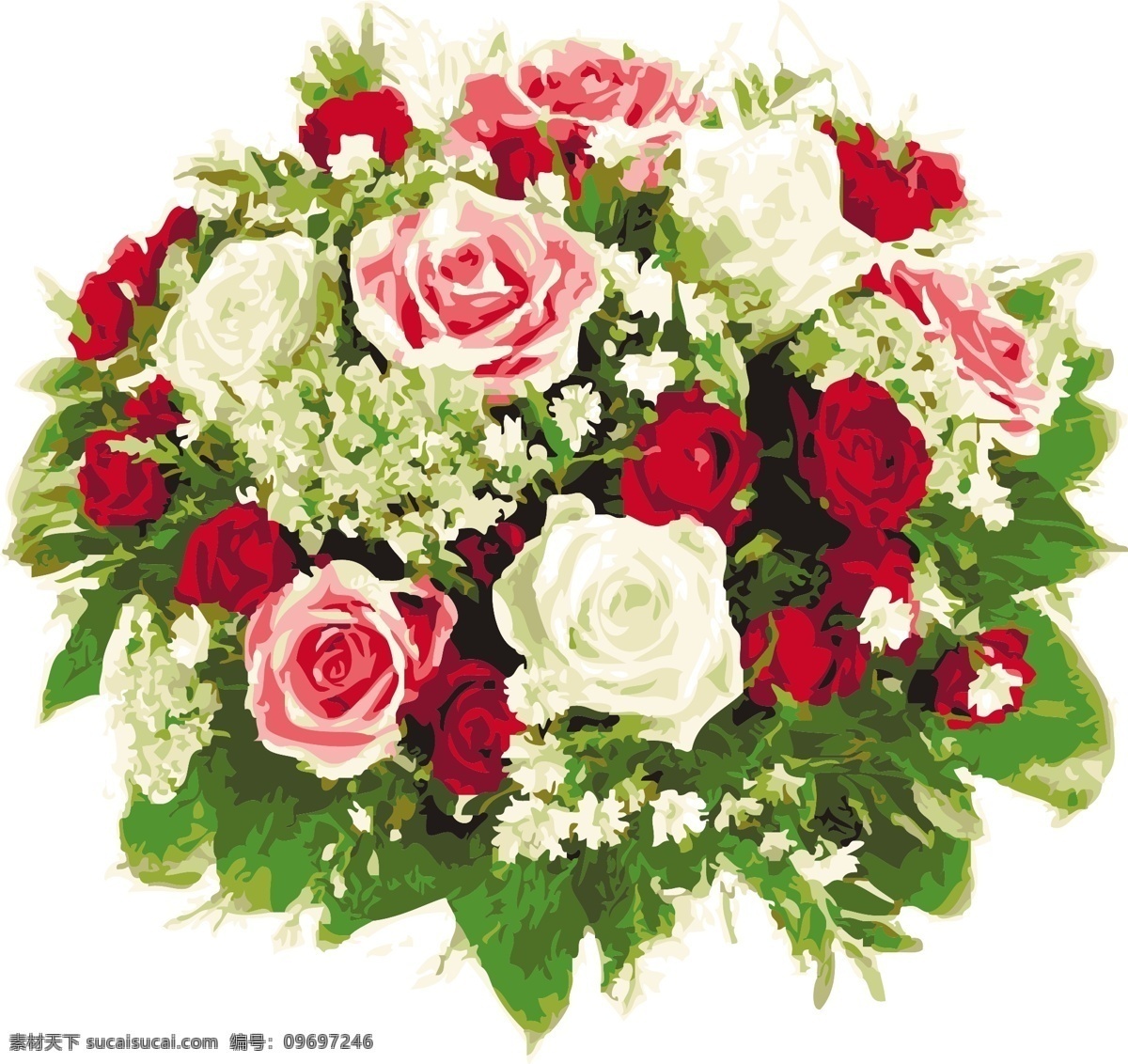 逼真 玫瑰 花束 花瓣 花朵 绿叶 玫瑰花 矢量素材 鲜花 含苞待放 矢量图 日常生活