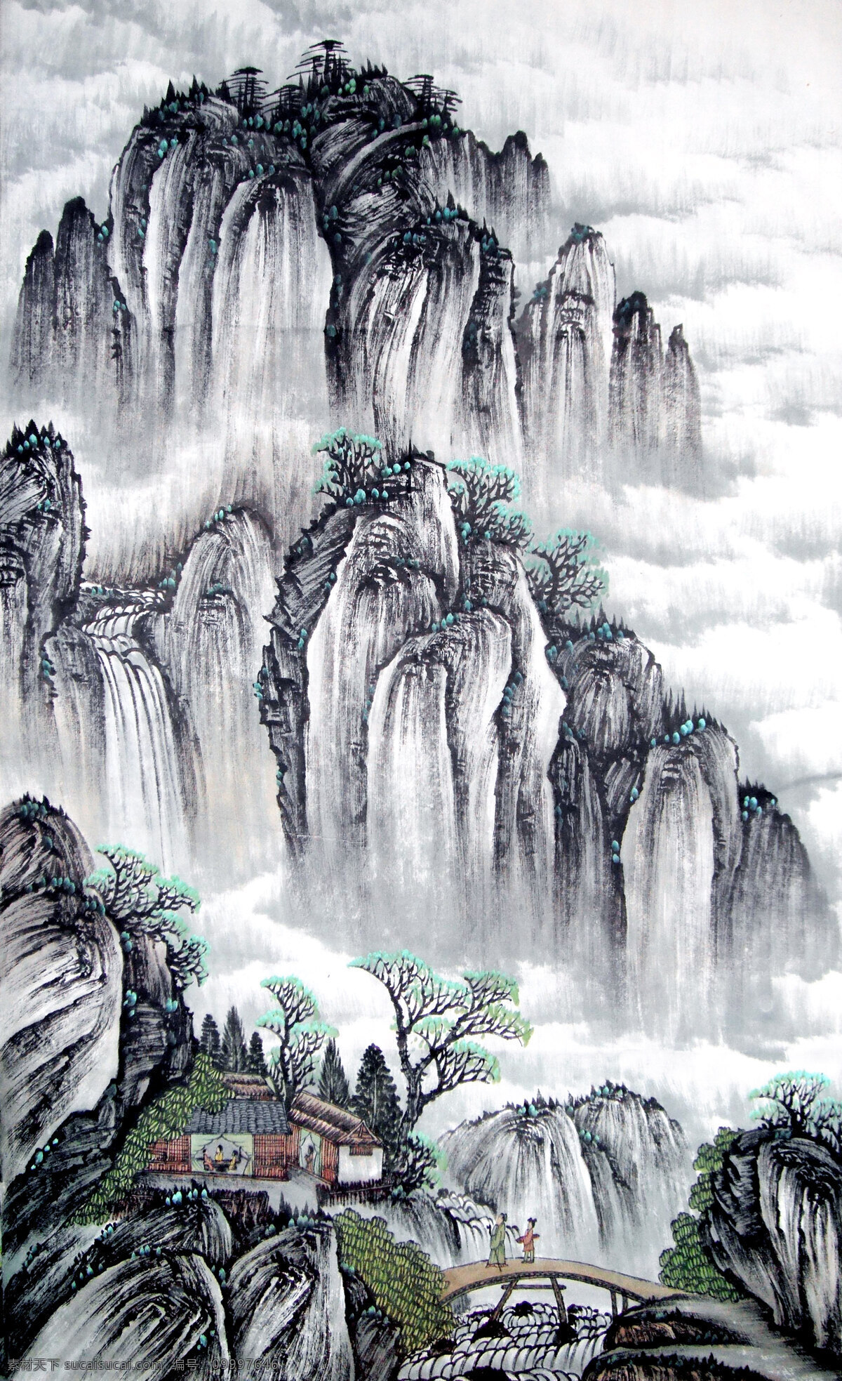 溪山幽居图 美术 中国画 彩墨画 山水画 山野 山岭 山峰 瀑布 溪流 树木 草房 小桥 云雾 古人 国画艺术 国画集40 绘画书法 文化艺术