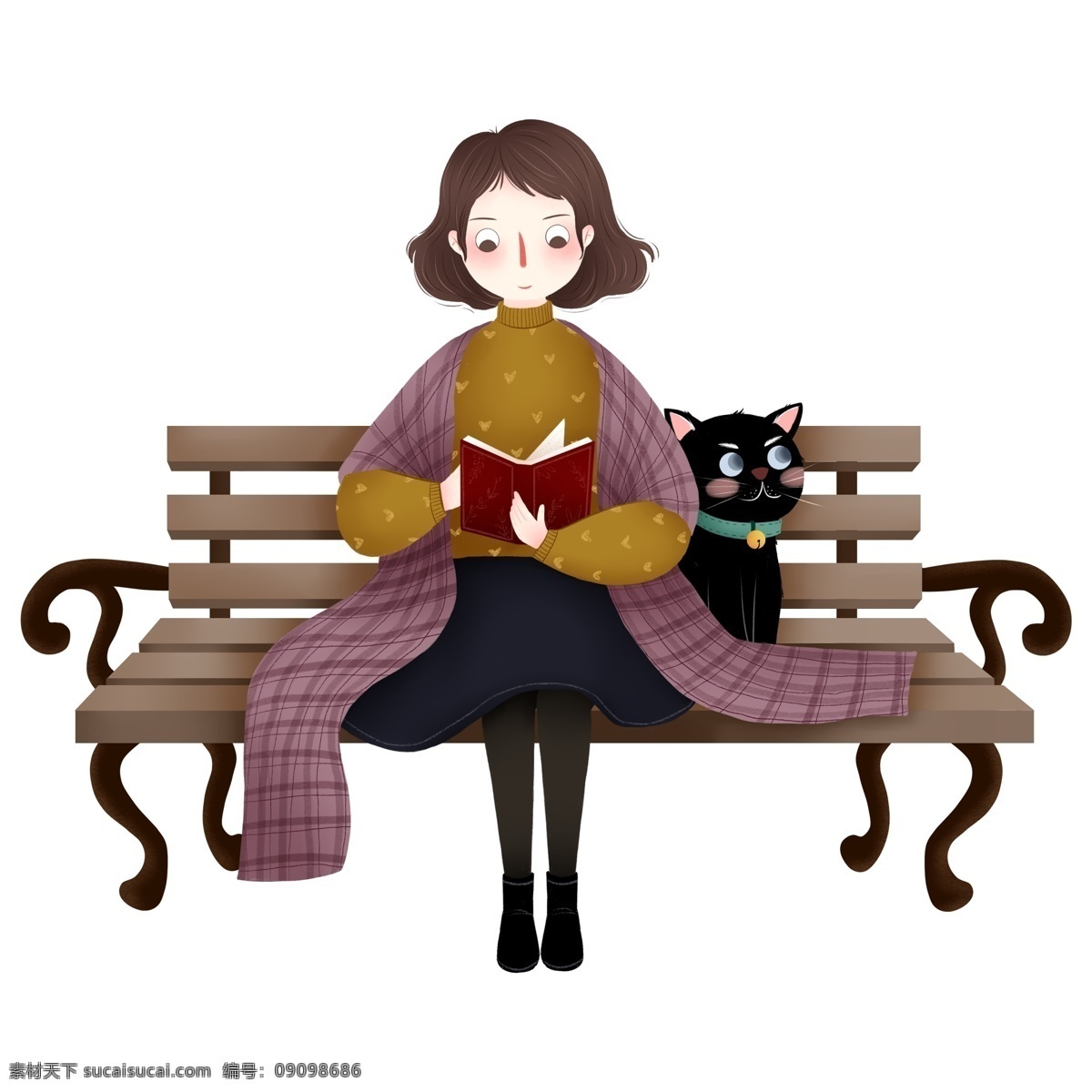 卡通 可爱 坐在 长椅 上 看书 女孩 元素 长椅子 看书的女孩 黑猫 格子大衣 装饰图案 元素设计
