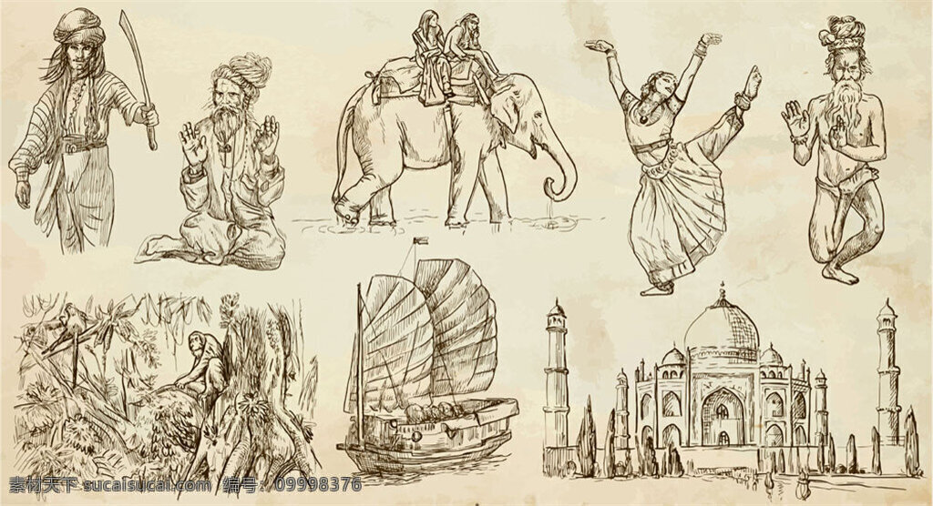手绘 印度 人物 建筑 印度人 插画 手绘图 矢量 跳舞的人 大象 城堡