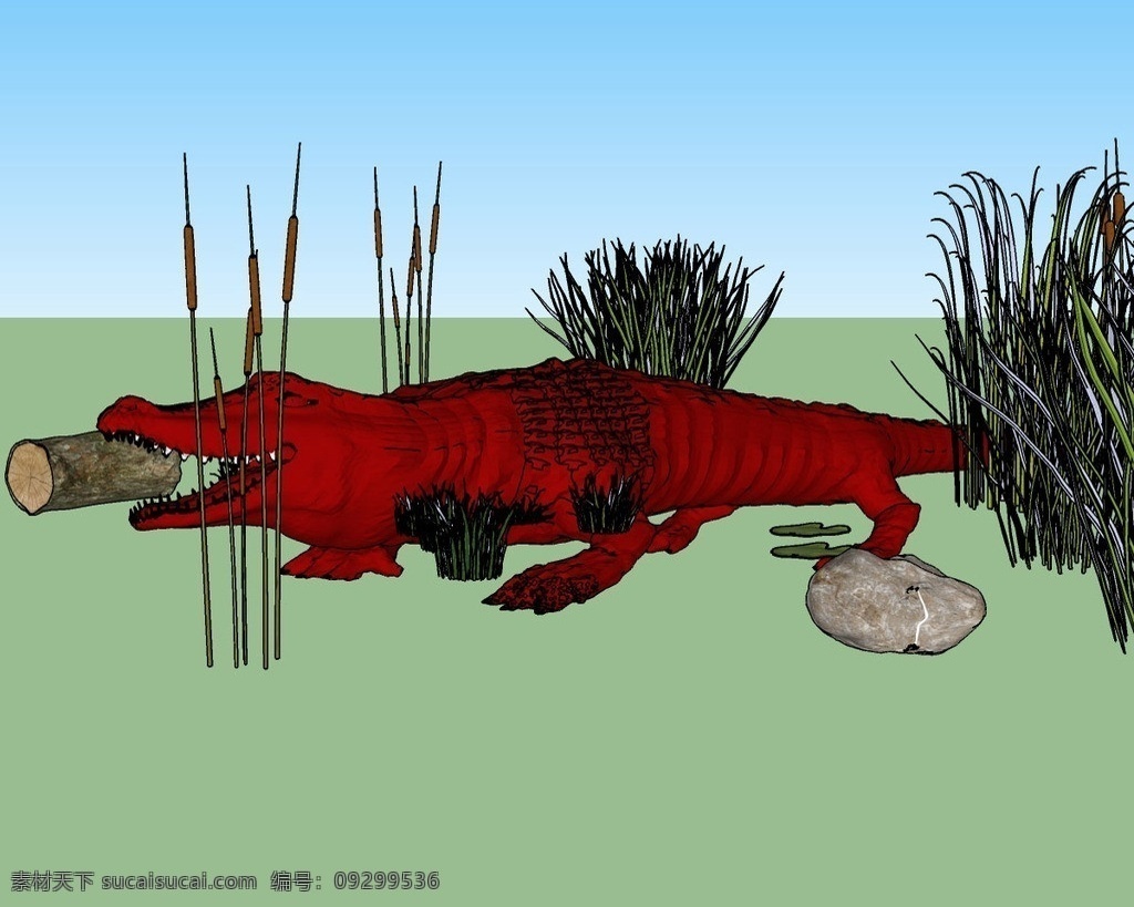 红 鳄鱼 3d 模型 动物 凶猛 利齿 木头 水草 草丛 石块 三维 立体 skp模型 poss 造型 精模 3d模型精选 其他模型 3d设计模型 源文件 skp