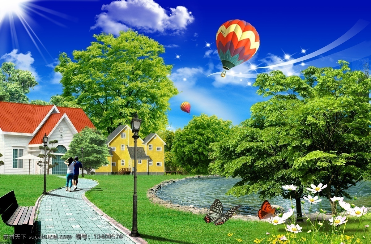 别墅小区 别墅 小区 水池 树 路灯 公园靠椅 路 热气球 云 蓝天 蝴蝶 蓝色