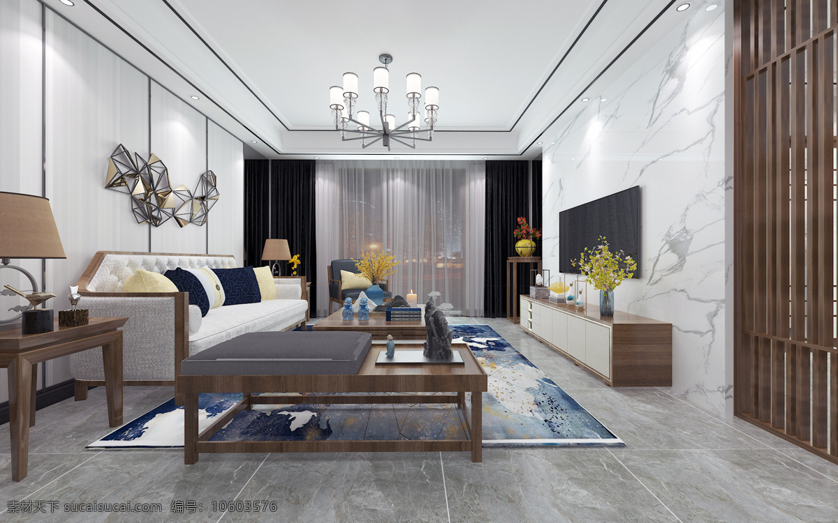 新中式家装 现代新中式 简约 中国元素 家装客厅 风格图 设计图 3d设计 3d作品